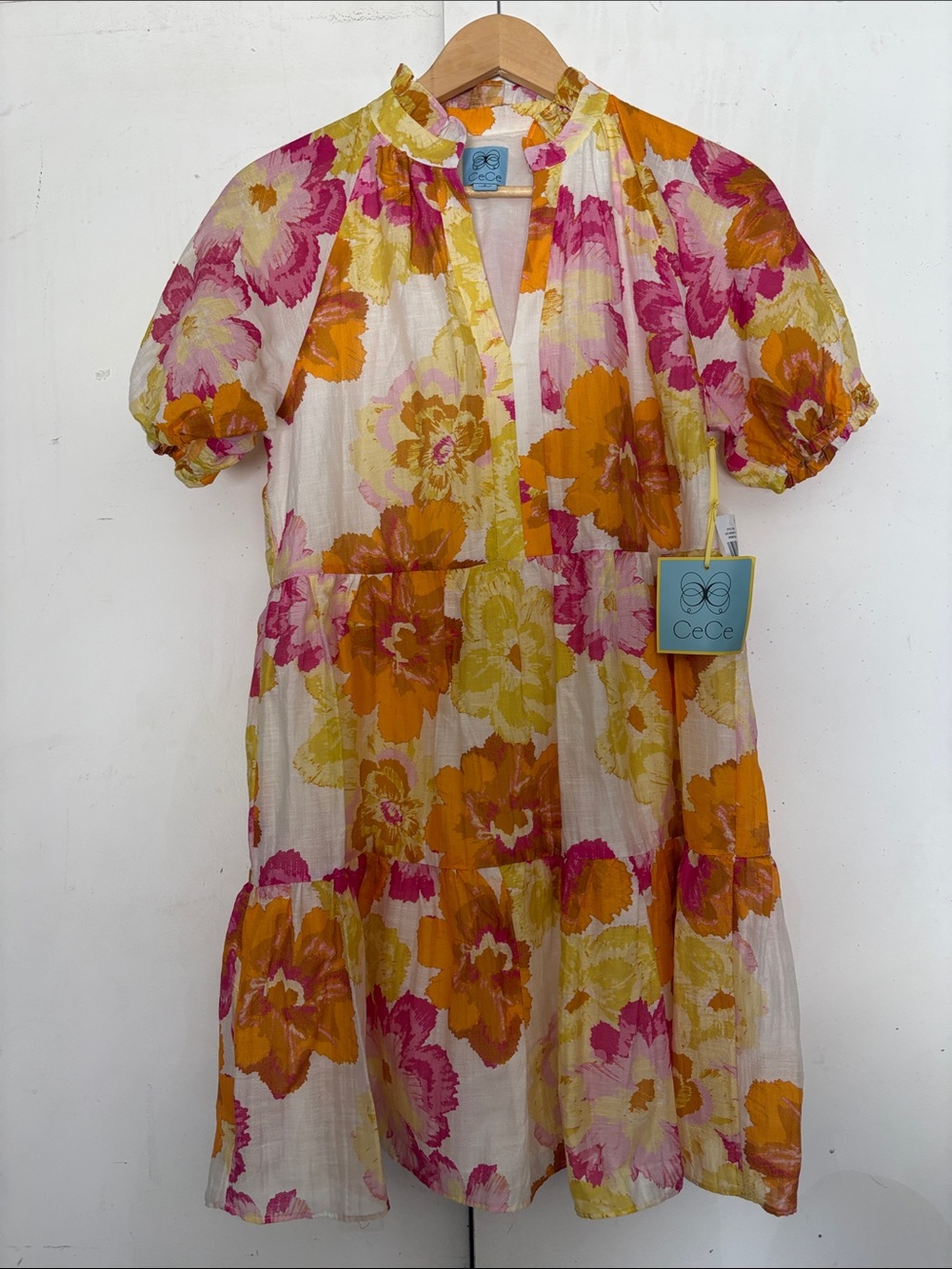 CeCe Floral Ruffled Mock-Neck Mini in White, Yellow, Pink & Orange